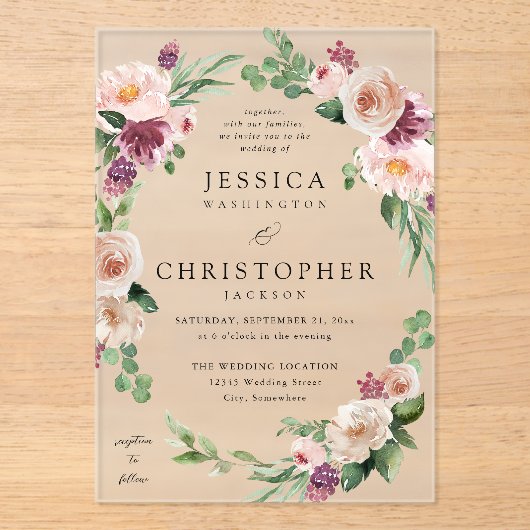 Invitations En Acrylique Champagne & Pink Floral 2 Mariage (Recto)