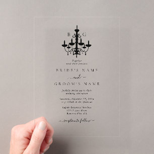 Invitations En Acrylique Chandelier Monogramme Mariage Élégant Noir Blanc