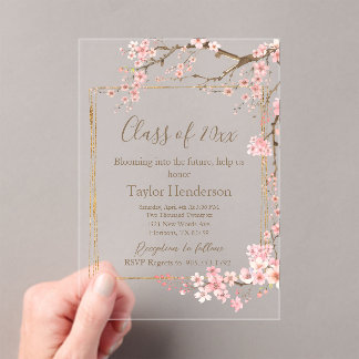 Invitations En Acrylique Charbon Lunatique et Fleur de Cerisier Rose Gradua