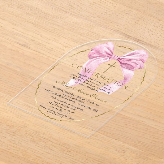 Invitations En Acrylique Charm Pink Bow Gold confirmation fille transparent (Poser)