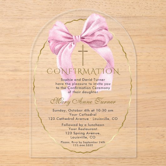 Invitations En Acrylique Charm Pink Bow Gold confirmation fille transparent (Recto)