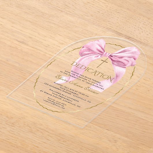 Invitations En Acrylique Charm Rose Bow Gold Girl Dedication transparente (Poser)