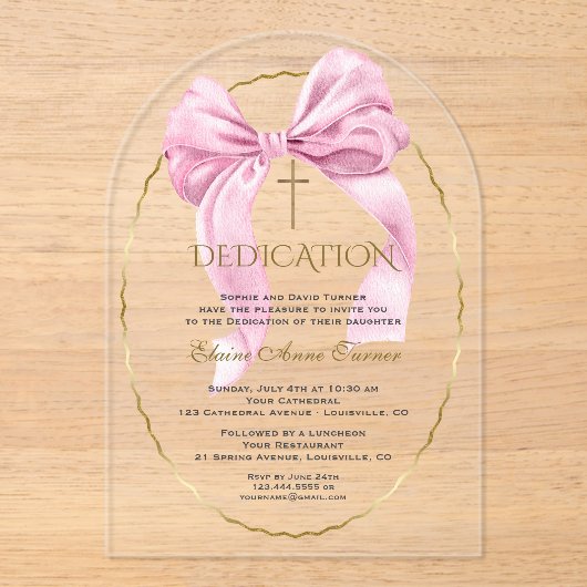 Invitations En Acrylique Charm Rose Bow Gold Girl Dedication transparente (Recto)