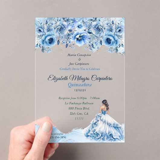 Invitations En Acrylique Charmant bébé bleu et argent Quinceañera Floral (In situ (ordinateur de poche))
