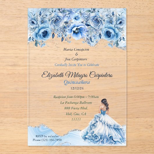 Invitations En Acrylique Charmant bébé bleu et argent Quinceañera Floral (Recto)