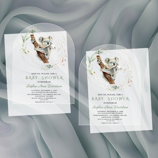 Invitations En Acrylique Charmant Cute Koala Baby shower d'or vert