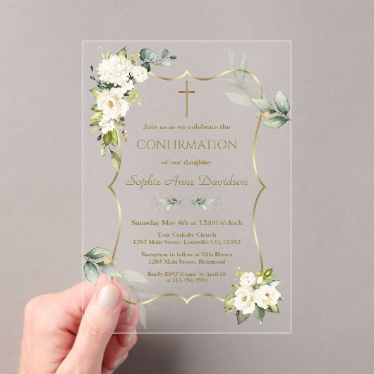 Invitations En Acrylique Charme Airy Green Fleurs blanches Confirmation (In situ (ordinateur de poche))