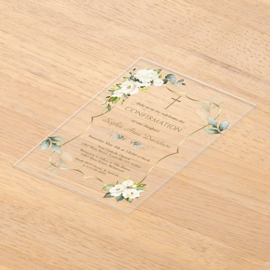 Invitations En Acrylique Charme Airy Green Fleurs blanches Confirmation (Poser)