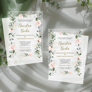 Invitations En Acrylique Charme Espagnol Fleurs Roses Or Nuestra Boda