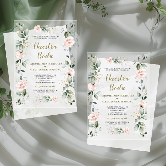 Invitations En Acrylique Charme espagnol Rose Floral Or Nuestra Boda
