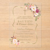 Invitations En Acrylique Charme Or rose Fleurs de Blush 1er Anniversaire Ba (Recto)