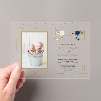 Invitations En Acrylique Charme Rose Bleu Floral Twins Photo Baptême