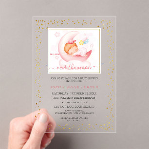 Invitations En Acrylique Charme sur la lune Baby shower de calligraphie fil