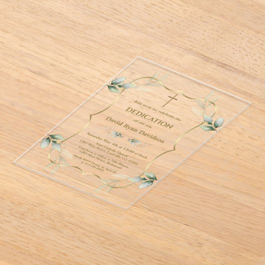 Invitations En Acrylique Charming Airy Greenery Gold Cross Dedication (Poser)