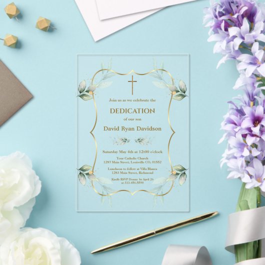 Invitations En Acrylique Charming Airy Greenery Gold Cross Dedication (Insitu (Mariage))
