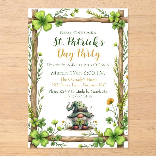 Invitations En Acrylique Charming Spring Clover & Gnome  (Recto)