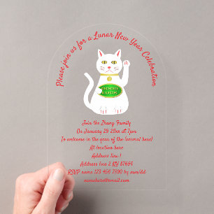 Invitations En Acrylique Chat Oriental Chanceux Nouvel An Lunaire Personnal
