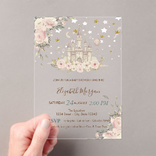 Invitations En Acrylique Château d'Aquarelle, Fleurs, Baby shower des étoil