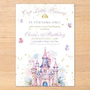 Invitations En Acrylique Château de Princesse 1er Anniversaire Conte de Fée