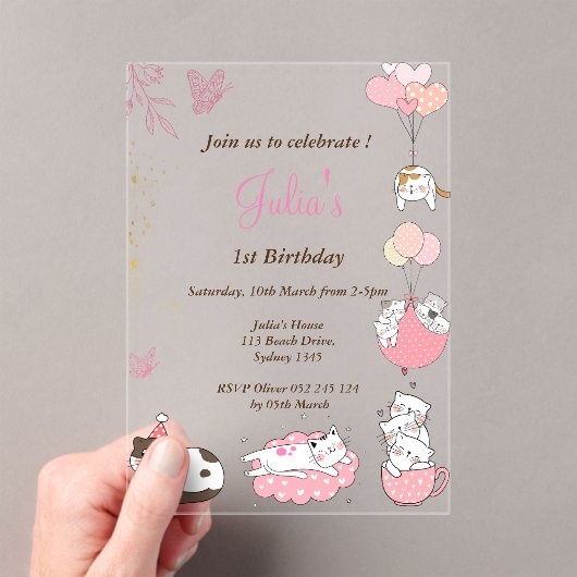 Invitations En Acrylique Chats mignons roses 1er anniversaire (In situ (ordinateur de poche))