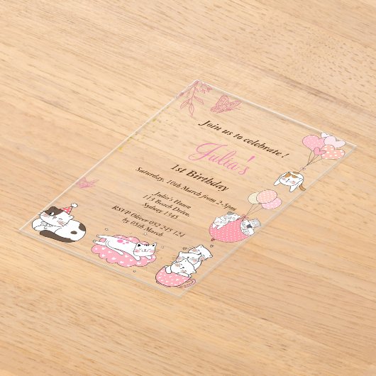 Invitations En Acrylique Chats mignons roses 1er anniversaire (Poser)