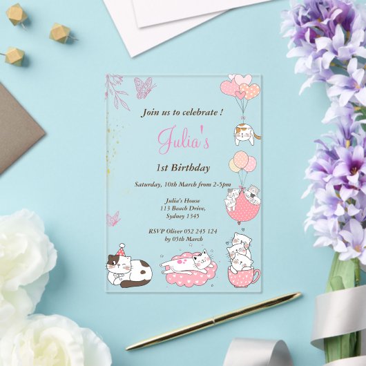 Invitations En Acrylique Chats mignons roses 1er anniversaire (Insitu (Mariage))