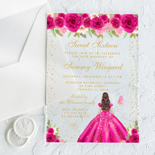 Invitations En Acrylique Chaud rose Brunette Cheveux Princesse Sweet sixtee