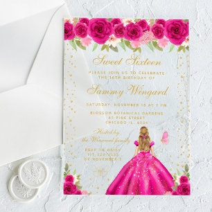 Invitations En Acrylique Chaud rose floral Blonde cheveux Princesse Sweet s