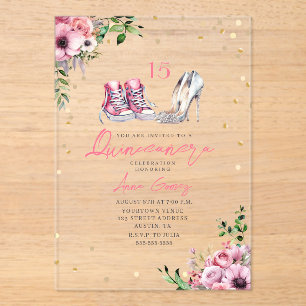 Invitations En Acrylique Chaussures Quinceañera Baskets Roses Talons 15 Flo