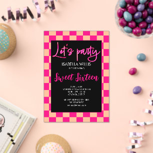 Invitations En Acrylique Checker rose chaud pêche noir Lets party Sweet 16