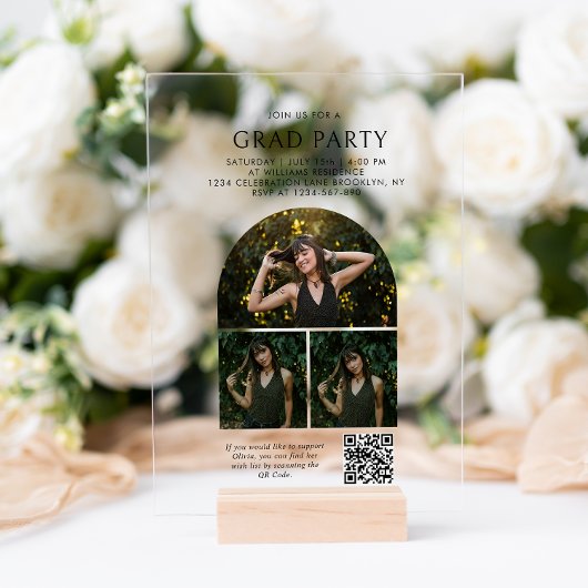 Invitations En Acrylique Chic Arch Photo Collage QR Code Graduation Party
