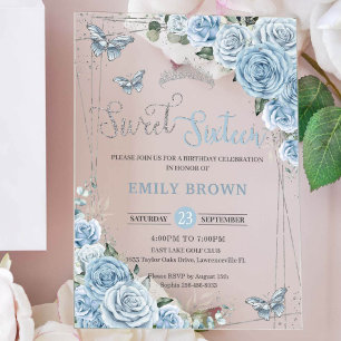 Invitations En Acrylique Chic Bébé Bleu Floral Papillons Sweet Sixteen 16