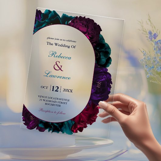 Invitations En Acrylique Chic bijou tons marine bordeaux mariage floral