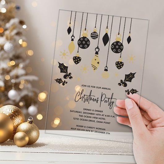 Invitations En Acrylique Chic Black and Gold Christmas Ornaments 