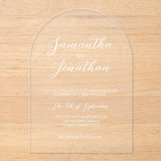 Invitations En Acrylique Chic blanc Calligraphie Script Arch Mariage (Recto)