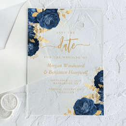Invitations En Acrylique Chic Bleu Nuit Or Floral Mariage Épargnez la Date