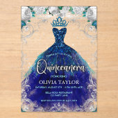 Invitations En Acrylique Chic bleu royal robe turquoise florale Quinceanera (Recto)