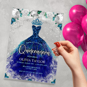 Invitations En Acrylique Chic bleu royal robe turquoise florale Quinceanera
