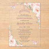 Invitations En Acrylique Chic Blush Floral Rose Gold Butterfly Quinceañera (Recto)