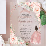 Invitations En Acrylique Chic Blush Floral Rose Gold Quinceañera Princesse<br><div class="desc">Cette invitation acrylique chic Quinceañera présente une fille dans une robe de boule d'or rose, un cadre géométrique orné d'une délicate aquarelle florale, feuillage vert doux et d'élégants accents d'or rose. Personnalisez-le facilement et rapidement, cliquez simplement sur le bouton "Modifier à l'aide de l'outil de conception" pour modifier le texte,...</div>