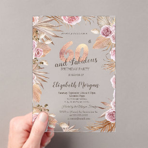 Invitations En Acrylique Chic Boho Flowers Rose Gold 60e anniversaire