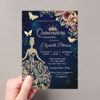 Invitations En Acrylique Chic Dress,Butterfly Floral Stars Blue Quinceañera