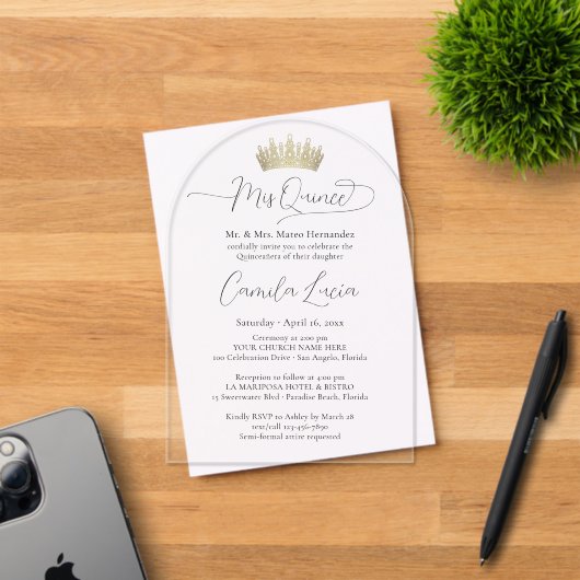 Invitations En Acrylique Chic Elegant Mis Quince Script & Quinceañera Crown (Insitu (Carte d'invitation))