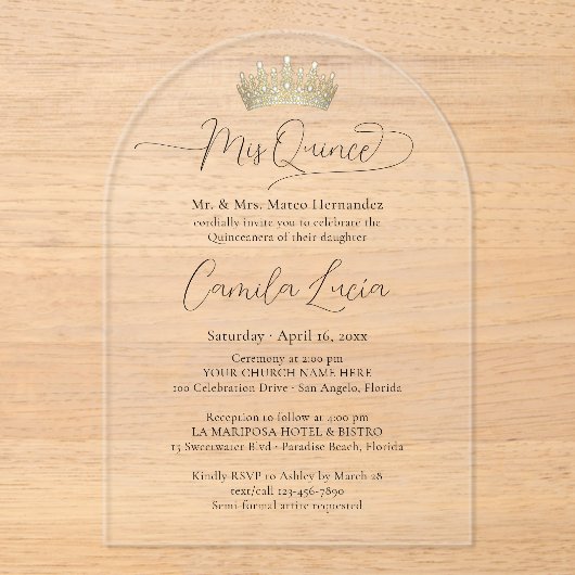 Invitations En Acrylique Chic Elegant Mis Quince Script & Quinceañera Crown (Recto)
