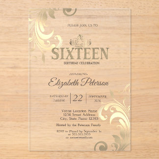 Invitations En Acrylique Chic Elegant Swirls Gold Tiara Sweet 16