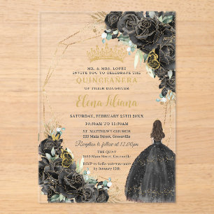 Invitations En Acrylique Chic Fleurs de Roses Noires Or Quinceanera Sweet 1