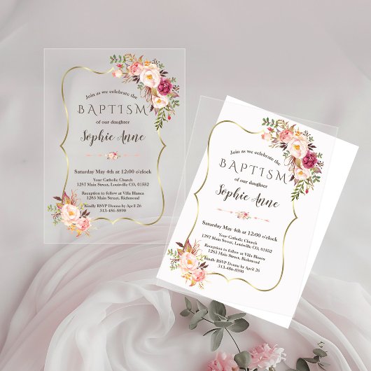 Invitations En Acrylique Chic Gold Frame Rose Blush Fleurs Fille Baptême
