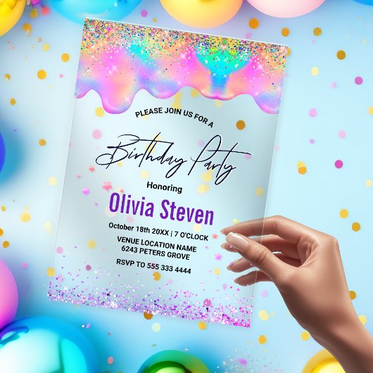 Invitations En Acrylique Chic holographique licorne gouttes d'anniversaire 