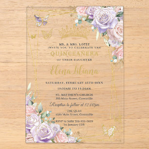 Invitations En Acrylique Chic Lavande Blush Floral Roses Quinceanera Sweet