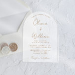 Invitations En Acrylique Chic Mariage Arch Script Gold Frosted<br><div class="desc">Faire-part de mariage acrylique gelée en forme d'arc chic avec les noms de la mariée et du marié dans un script de calligraphie or et vos détails mariages dans le lettrage doré moderne. Ajustez la taille de la police de script dans l'outil de conception pour des noms plus longs ou...</div>